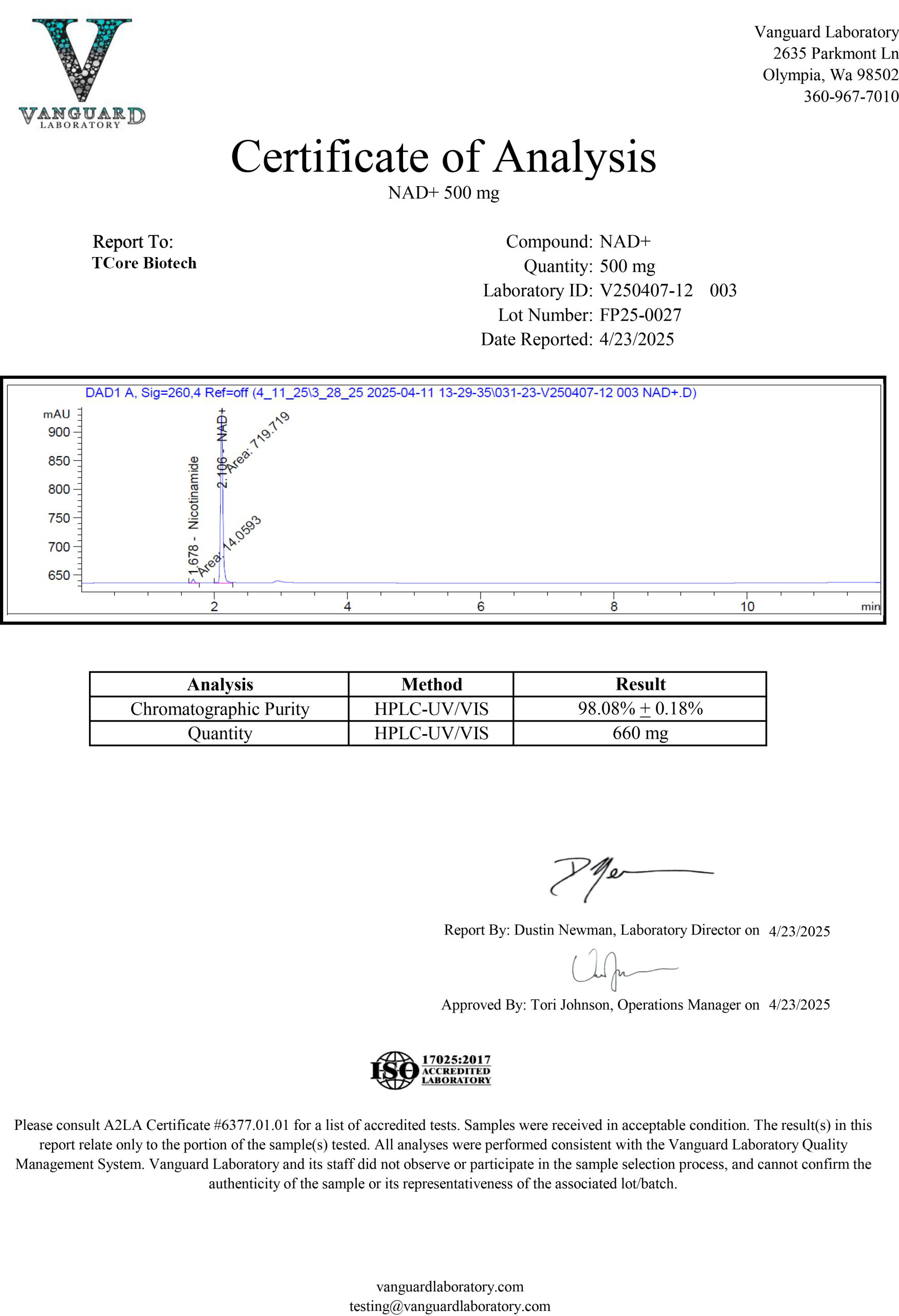 TCore Biotech NAD 500mg COA