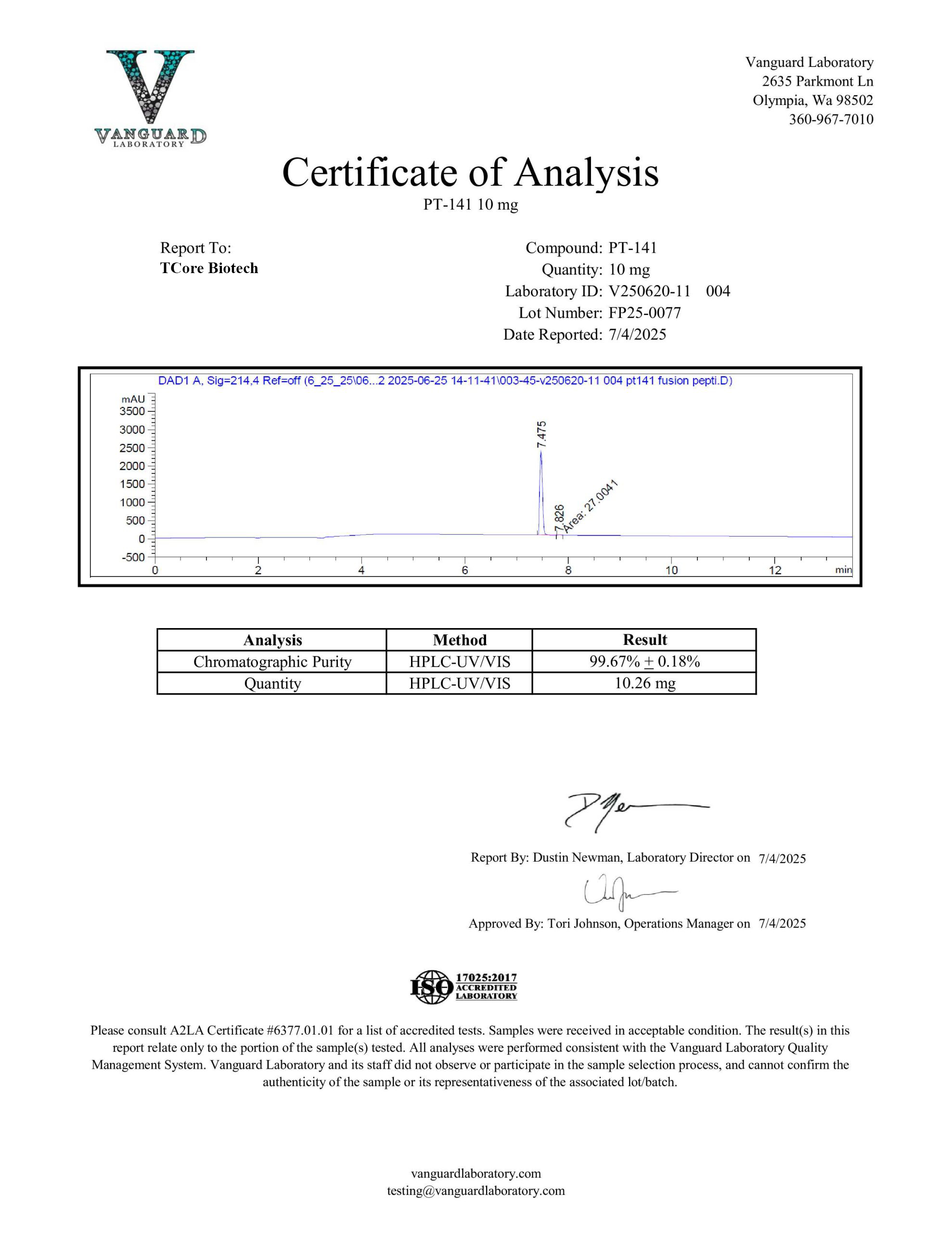 TCore Biotech PT141 10mg COA